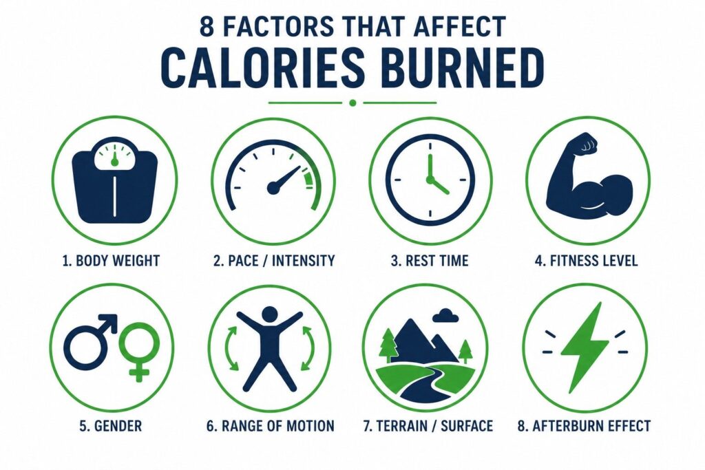 "Infographic showing 8 key factors that affect how many jumping jacks needed to burn 1000 calories"