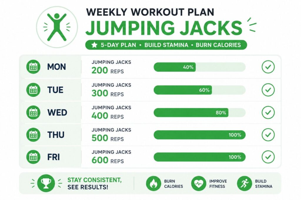 "5-day weekly jumping jack workout schedule to burn 1000 calories per week"