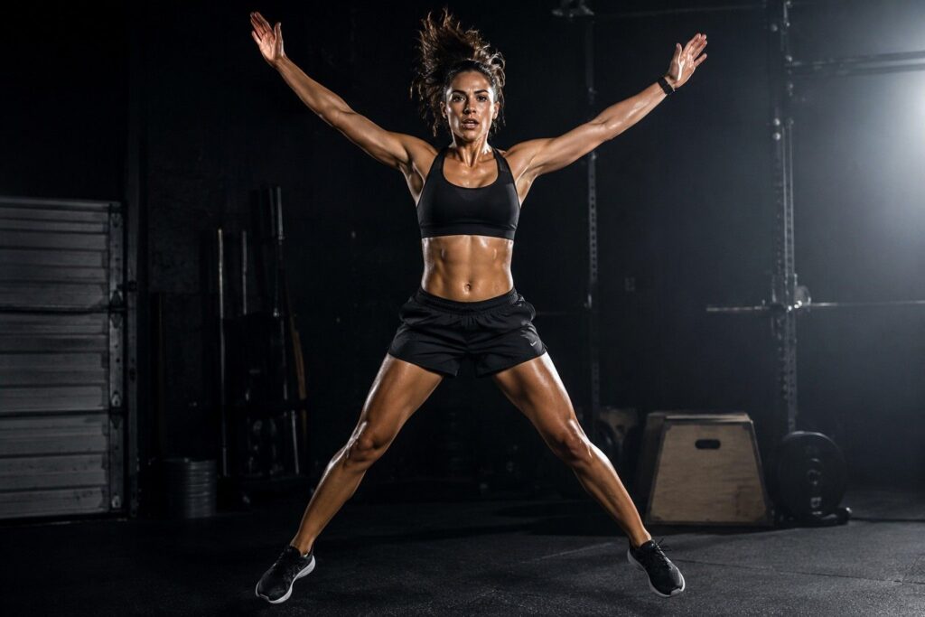 Woman doing high-intensity jumping jacks HIIT workout to burn 500 calories per session.