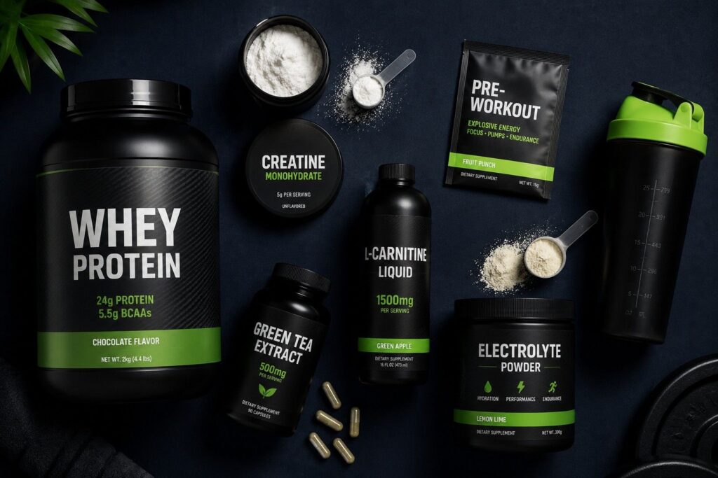 Core supplements for fat burning — whey protein, creatine, L-carnitine, pre-workout and green tea extract.