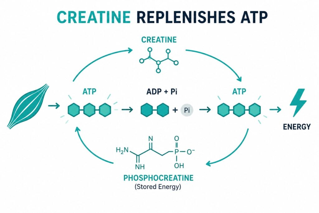 Diagram showing how creatine replenishes ATP energy during jumping jack exercise.