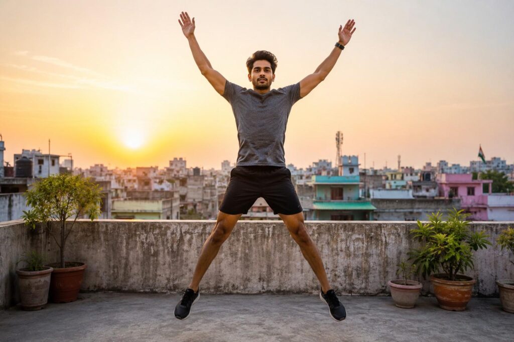 Indian man doing jumping jacks on rooftop in morning to burn calories and lose weight