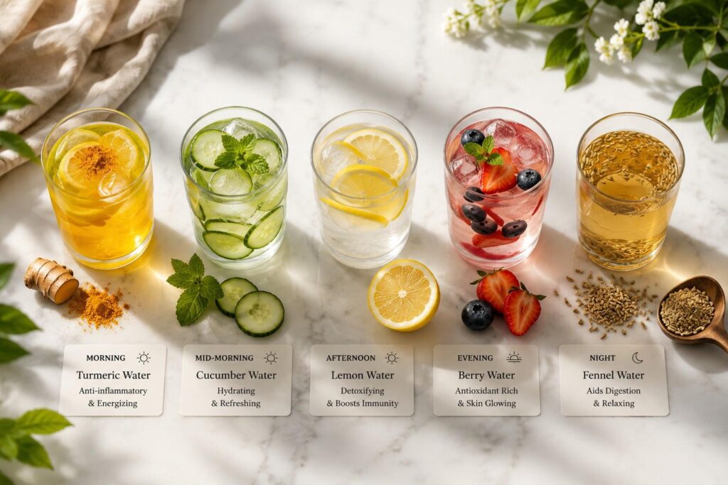 Five detox water glasses arranged for daily belly fat loss schedule from morning to evening routine

