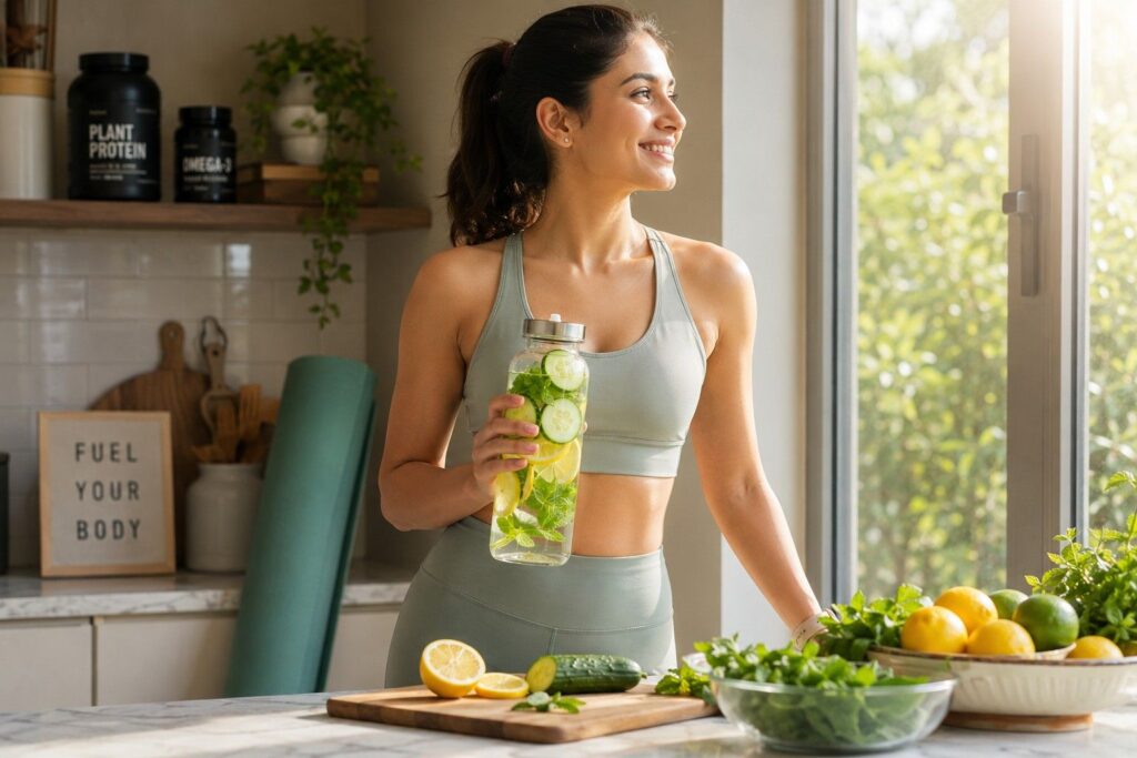 Woman drinking detox water daily for belly fat loss healthy lifestyle routine with lemon cucumber mint infuser bottle
