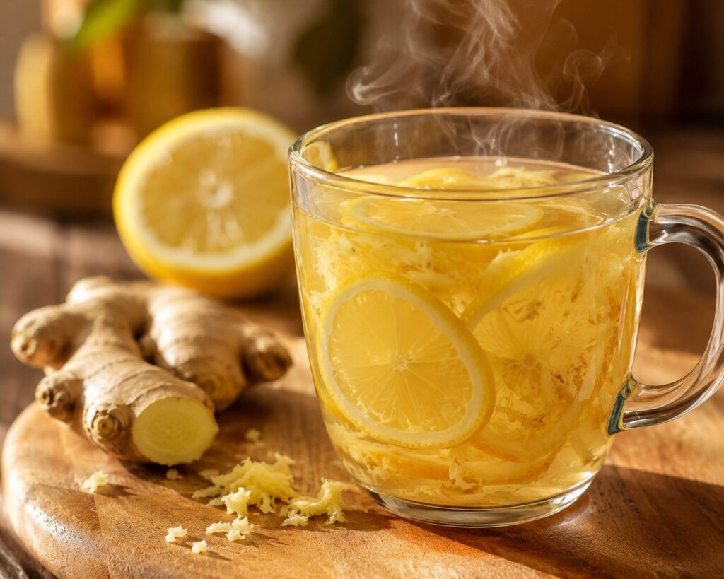 Warm lemon ginger detox water in clear glass mug for belly fat and metabolism boost
