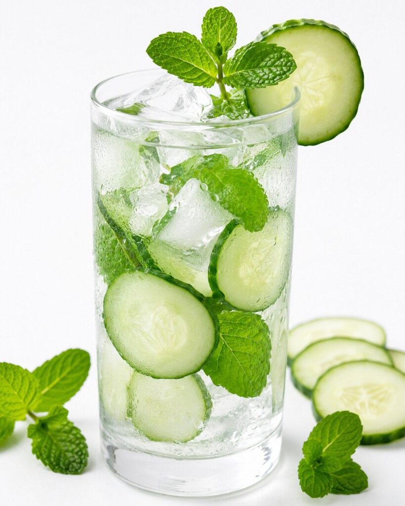 Cucumber mint detox water in tall glass with ice for reducing belly bloating naturally
