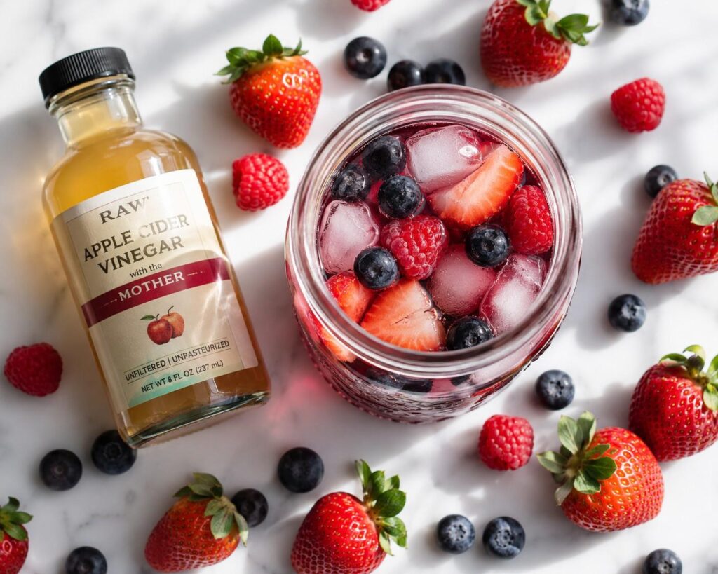 Apple cider vinegar and mixed berry detox water in mason jar for blood sugar control and belly fat
