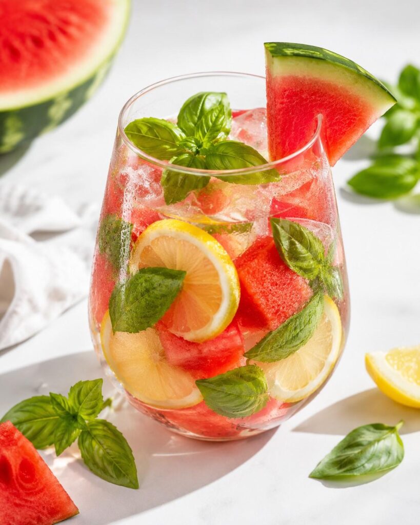 Watermelon basil detox water with lemon in glass for flushing belly fat and reducing water retention
