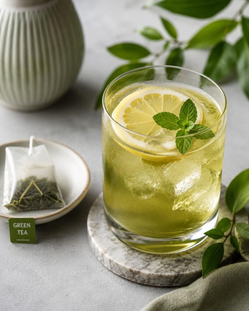 Chilled green tea lemon detox water with ice for EGCG metabolism boost and belly fat oxidation
