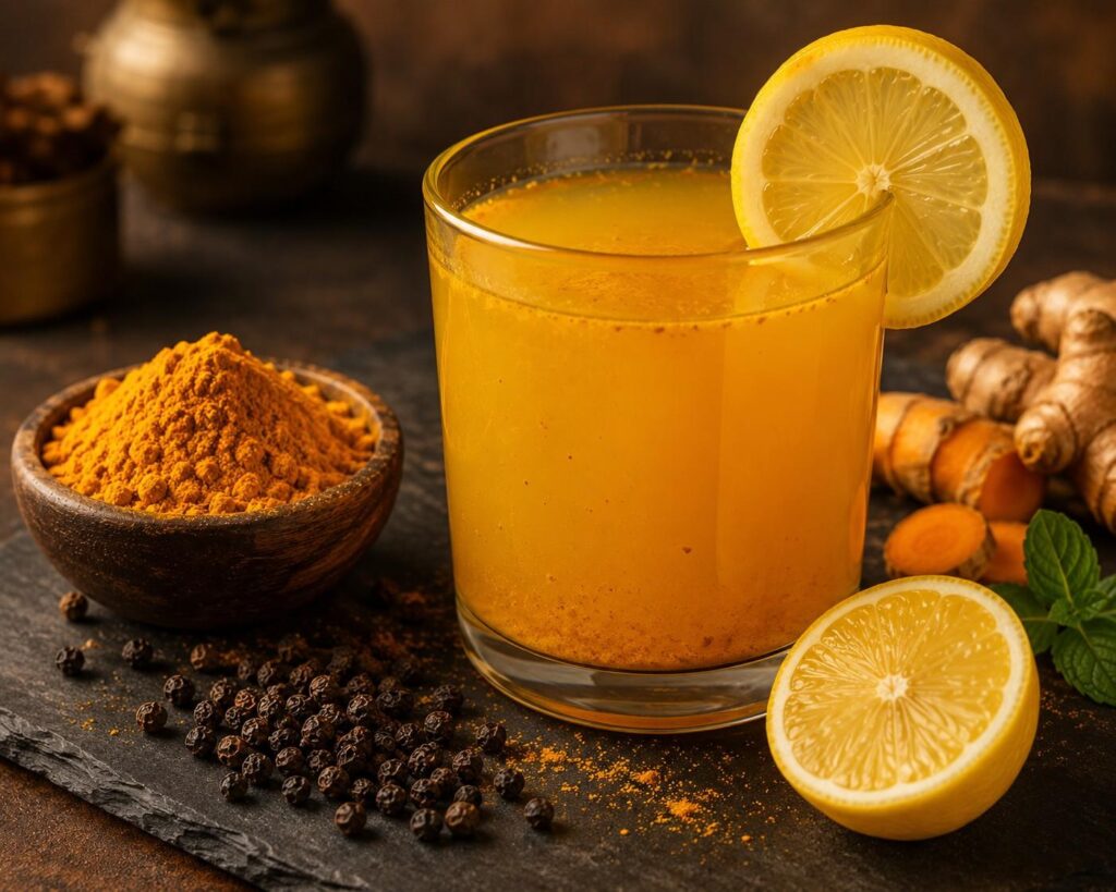 Turmeric lemon black pepper detox water golden drink for anti-inflammatory belly fat reduction
