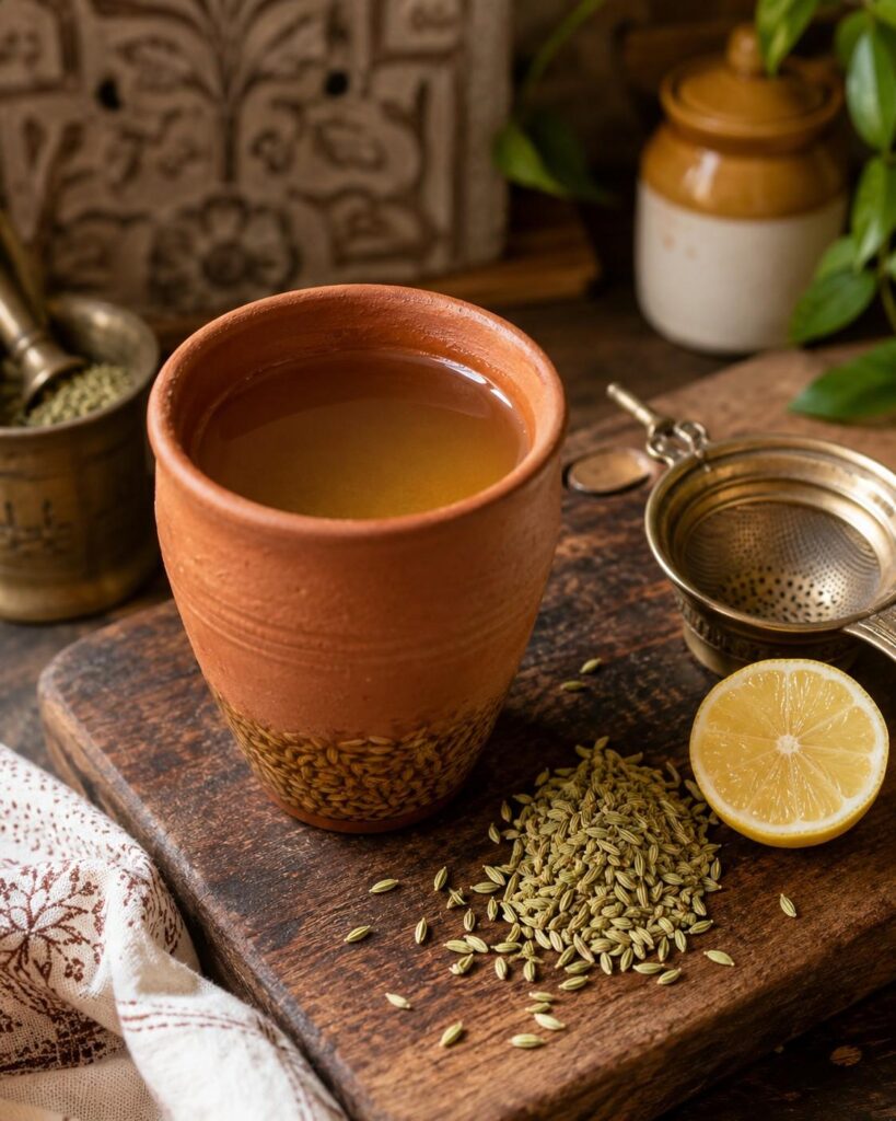 Fennel seed lemon detox water in clay cup Ayurvedic digestive drink for flat belly and bloating relief
