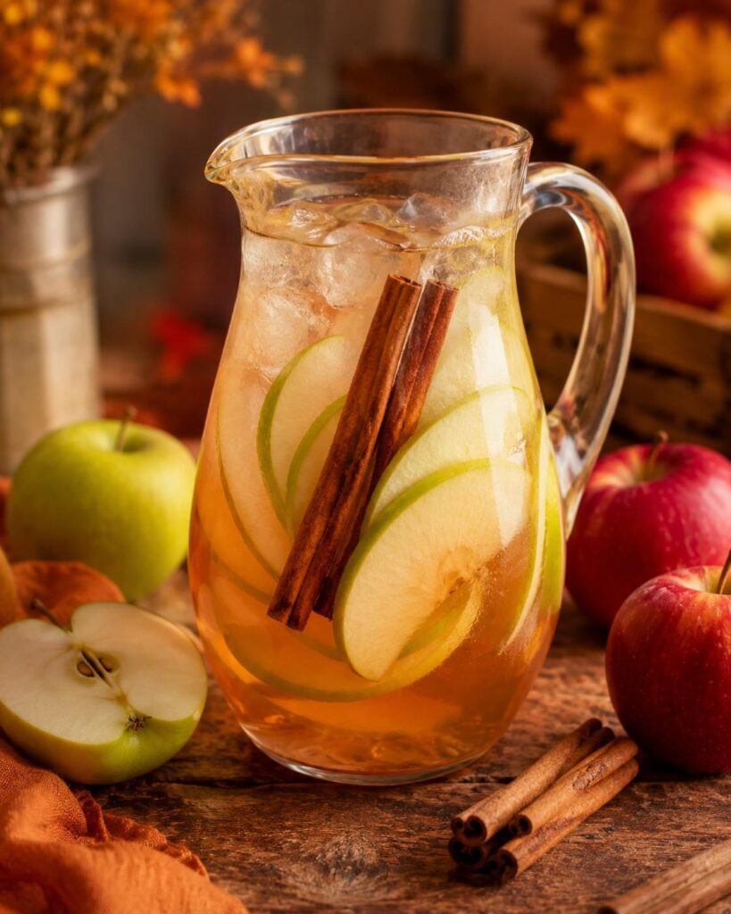 Apple cinnamon detox water pitcher with green apple slices and cinnamon sticks for belly fat and blood sugar
