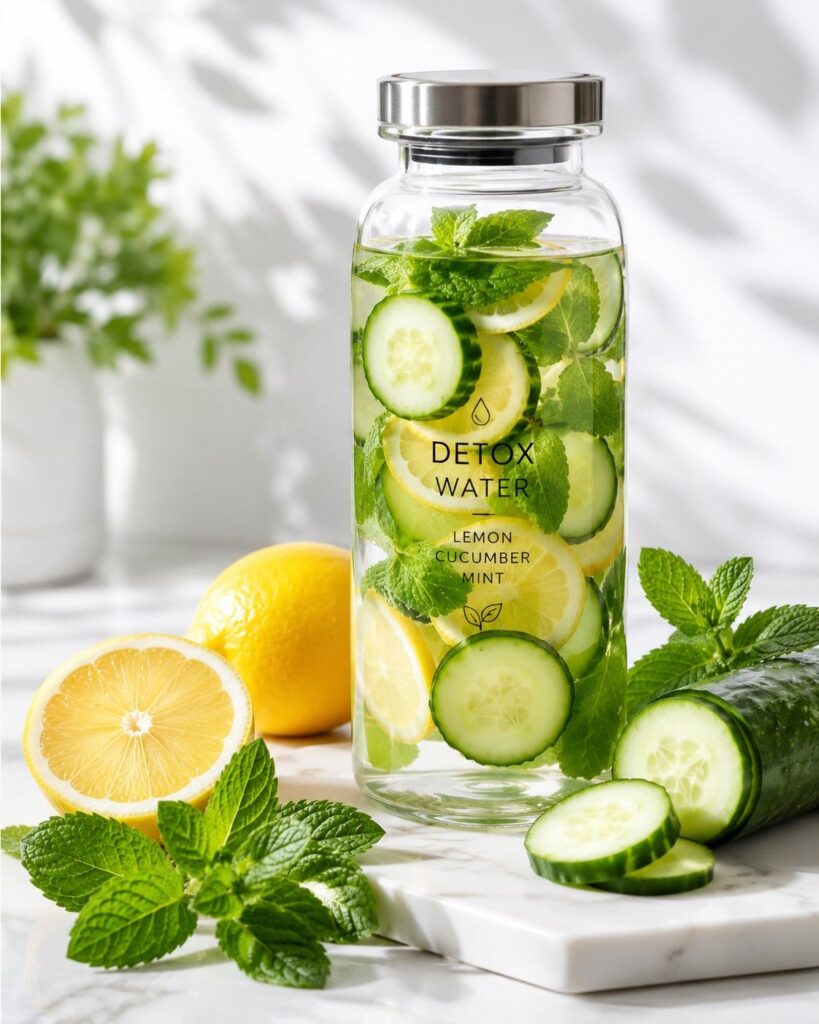 Lemon cucumber mint triple threat detox water in infuser bottle for belly fat loss and full body detox
