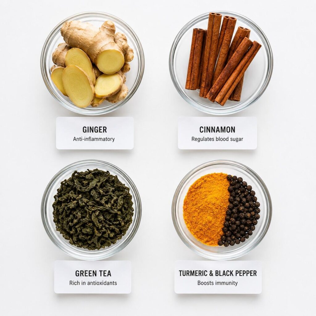 Key ingredients in detox water for belly fat loss — ginger, cinnamon, green tea, and turmeric with black pepper

