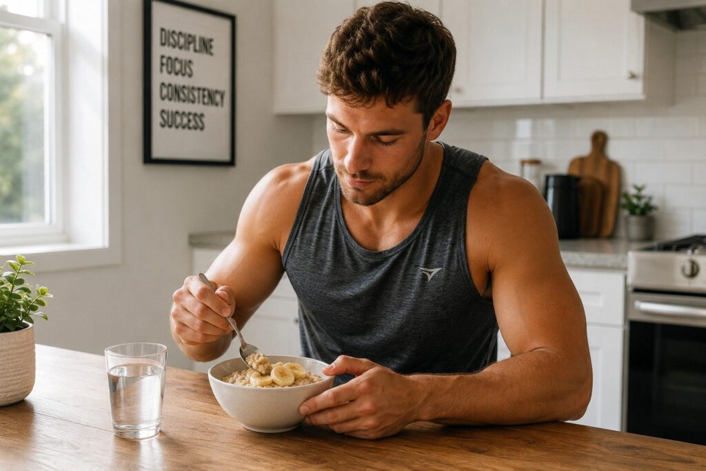 Person eating a pre workout meal of oatmeal and banana before gym training.