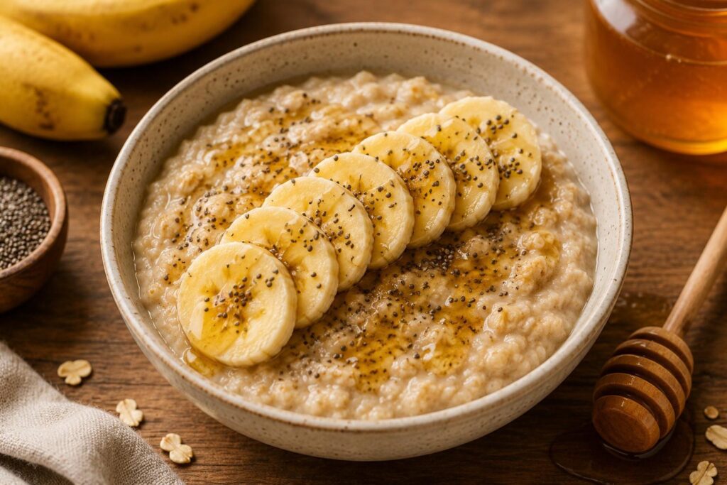Bowl of oatmeal with banana and honey as a pre workout meal.
 