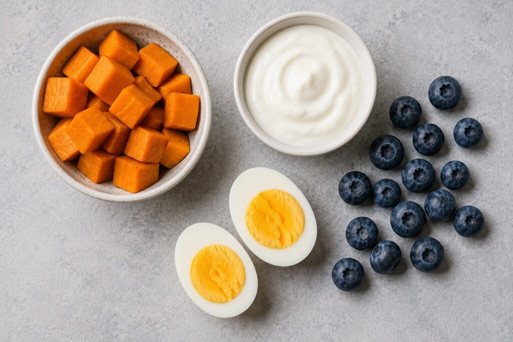 Pre workout snack options including sweet potato, Greek yogurt, and boiled eggs.