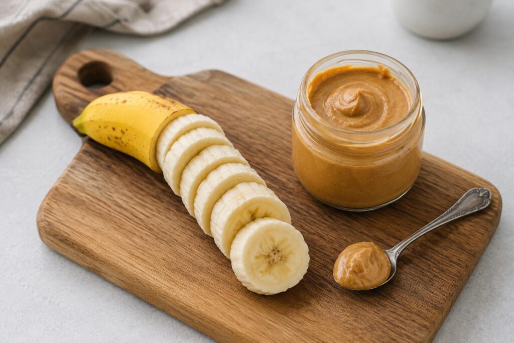 Banana and peanut butter as a quick pre workout snack,