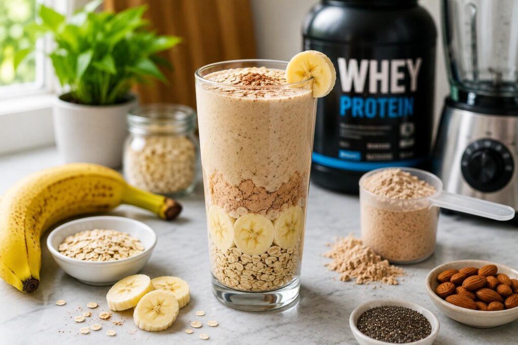 Pre workout protein smoothie made with banana, oats, and protein powder.
