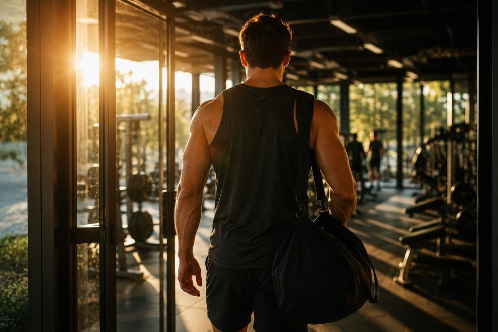 Athlete heading to the gym after eating a pre workout meal.