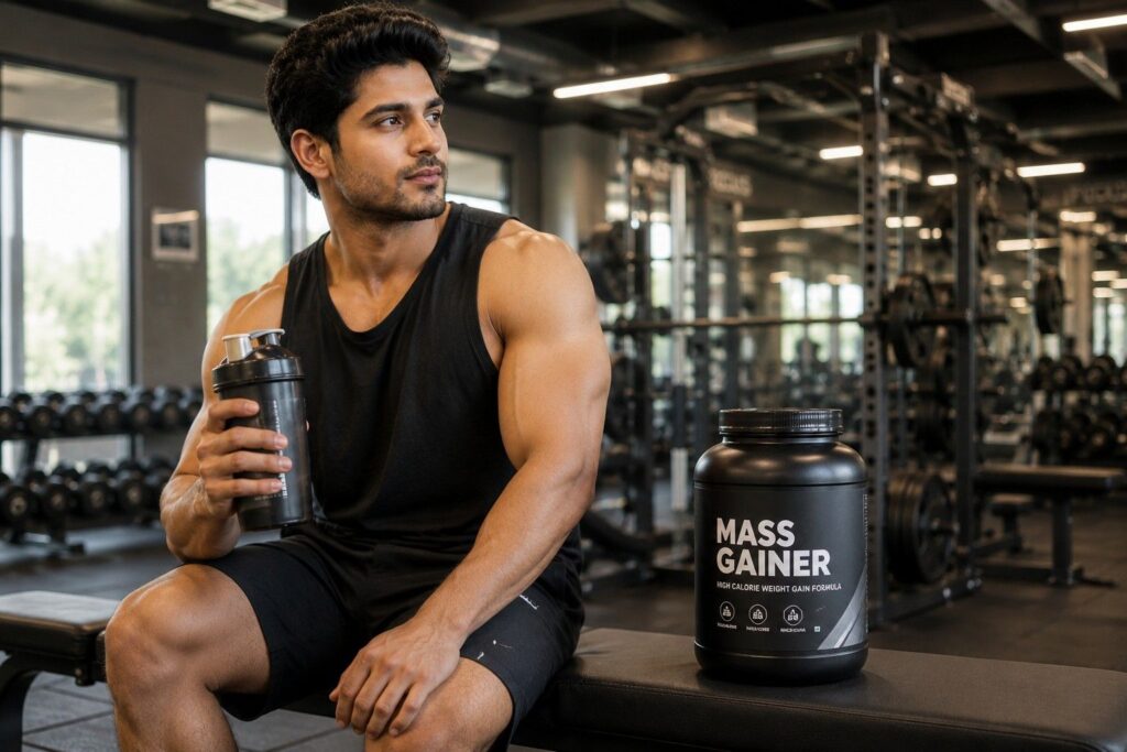 Young man at gym holding a mass gainer shake bottle next to supplement tub.