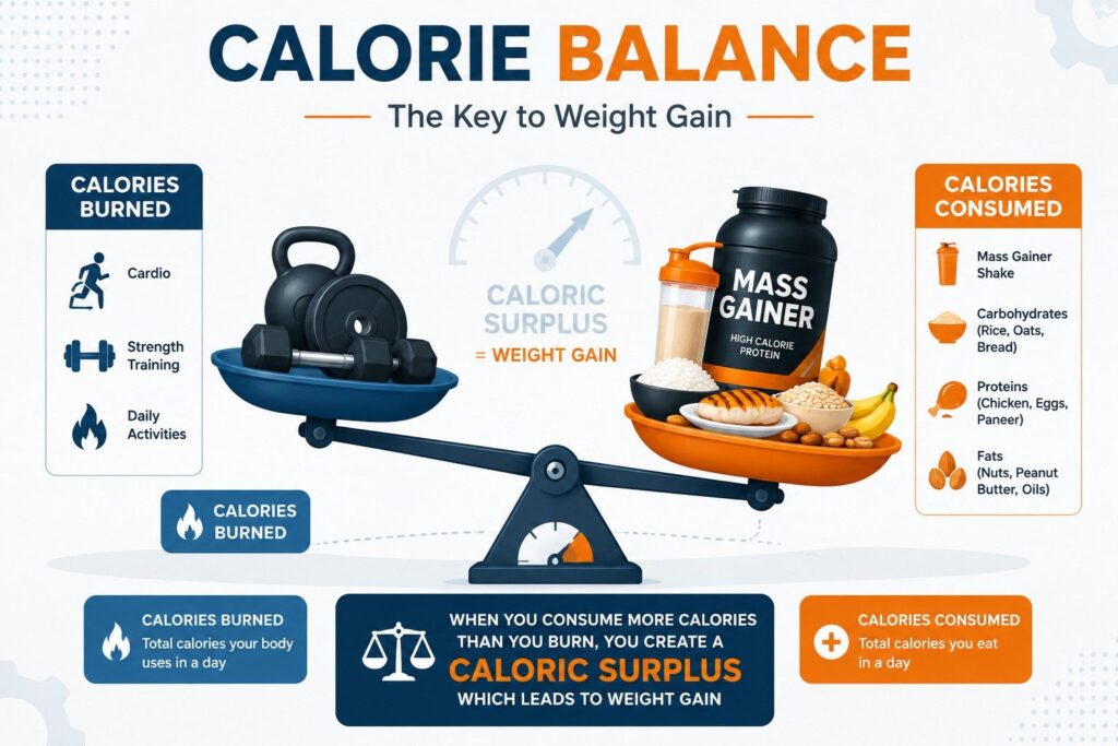 Infographic showing caloric surplus concept for muscle gain with mass gainer.
