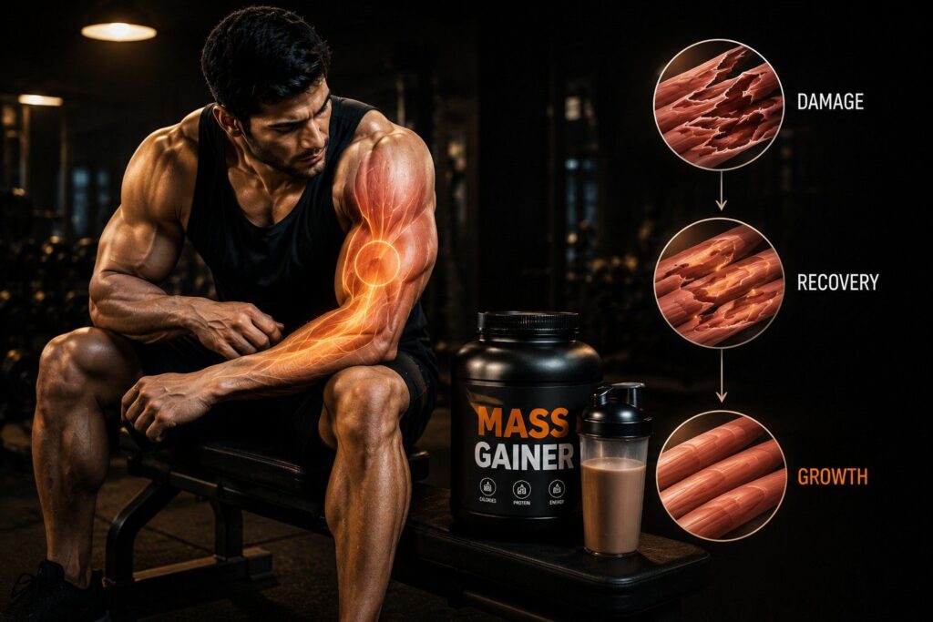 Athlete recovering post-workout with mass gainer shake aiding muscle repair.