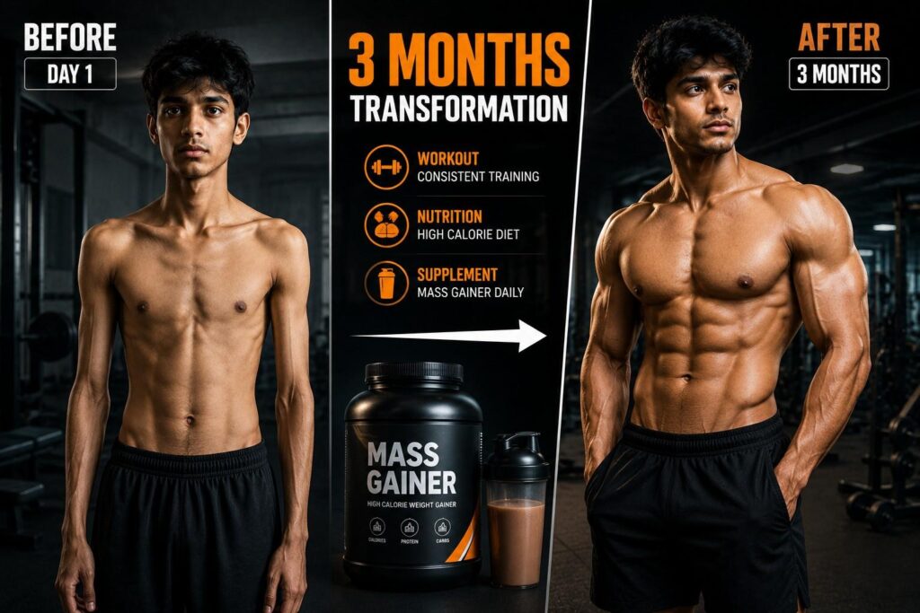 Hard gainer body transformation result using mass gainer supplement over 3 months.