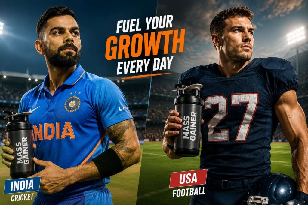 Indian cricket player and American football player both using mass gainer supplements for athletic performance.
