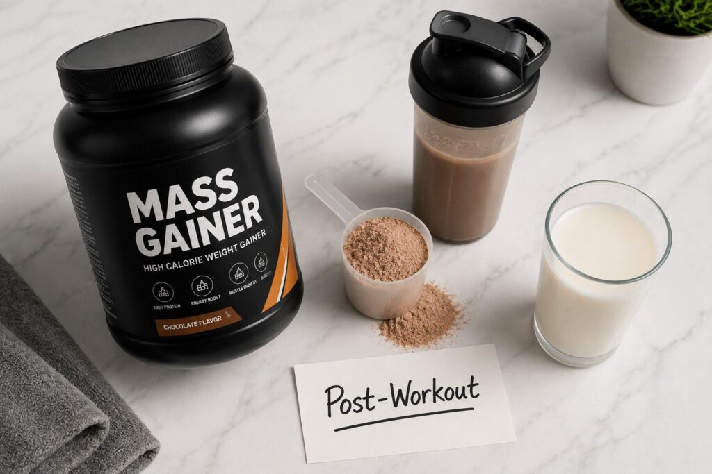 Mass gainer serving setup with scoop, shaker, and milk for post-workout use.