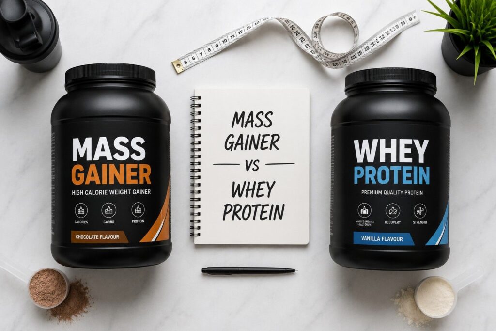 Mass gainer vs whey protein supplement comparison side by side.