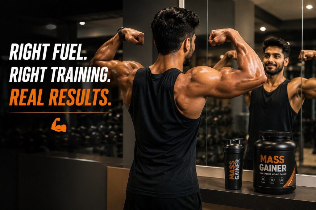 Fit man showing muscle gain results after using mass gainer supplement consistently.