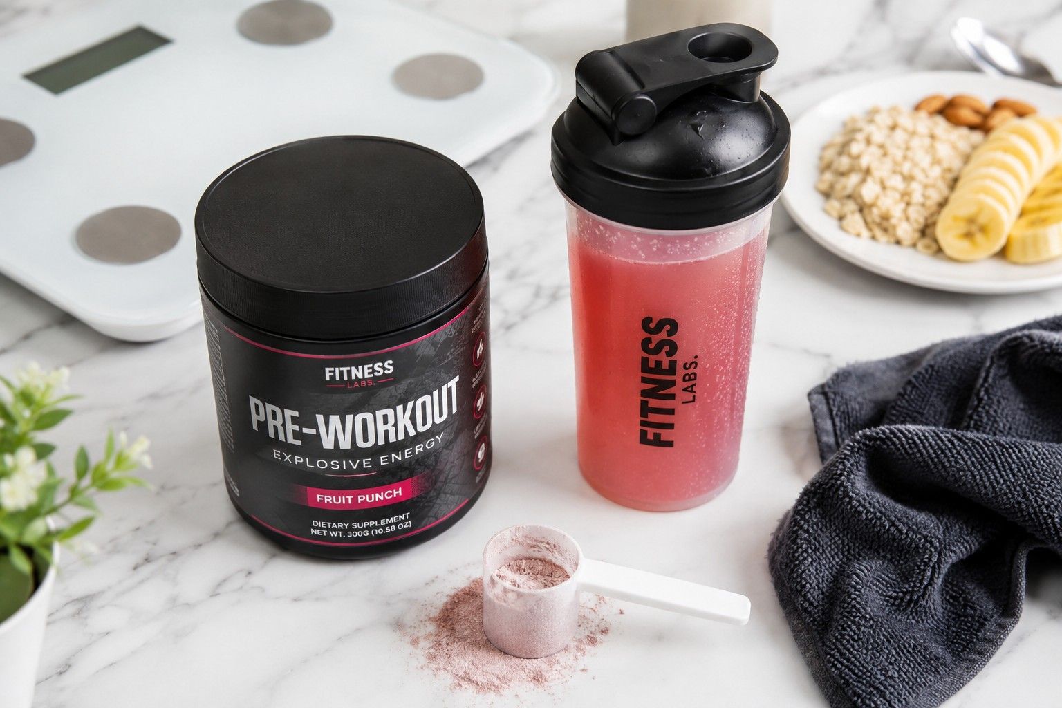 Pre-workout supplement for weight loss — shaker bottle, supplement tub, and healthy food on marble surface.