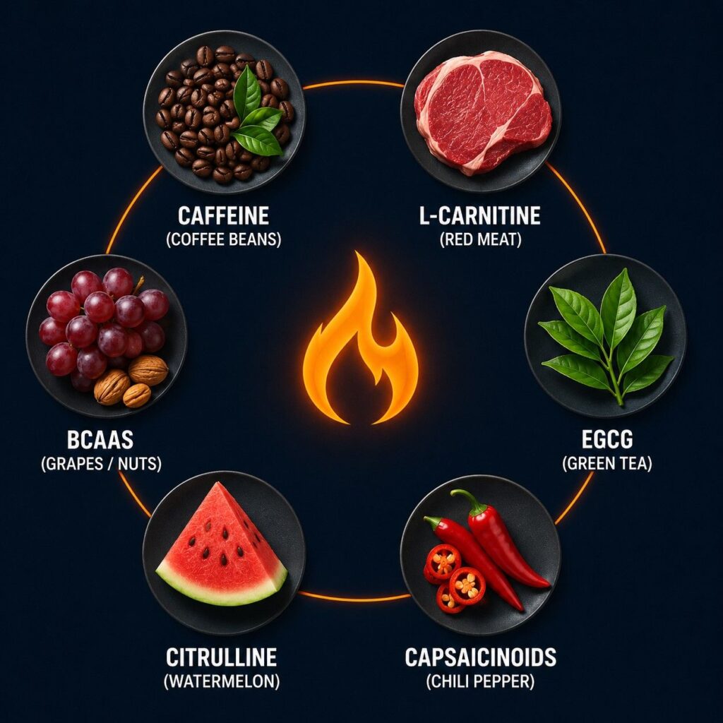 Key pre-workout ingredients for weight loss — caffeine, L-carnitine, green tea, capsaicinoids, citrulline, and BCAAs infographic
