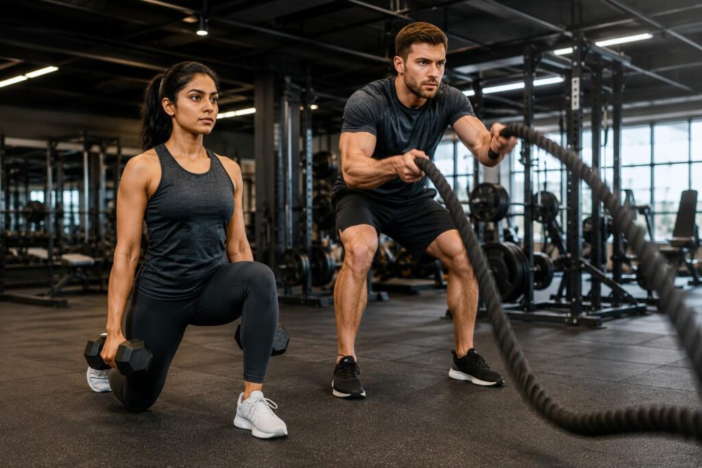 Man and woman working out intensely at the gym — pre-workout supplements improve workout intensity for faster weight loss
