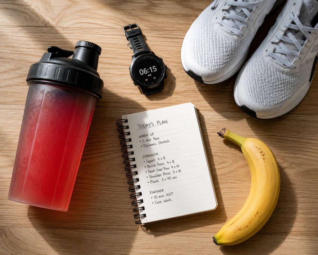 Best time to take pre-workout for weight loss — morning workout routine flat-lay with shaker bottle and digital watch
