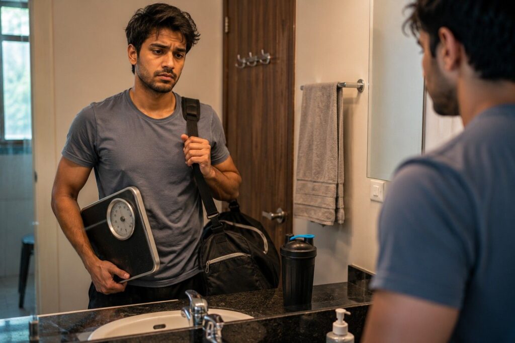 Frustrated gym-goer holding weighing scale and gym bag — why pre-workout supplements help break weight loss plateaus.
