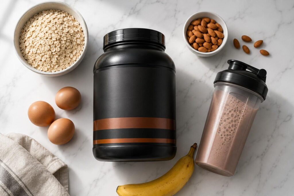 Mass gainer supplement tub with whole food ingredients including oats eggs and almonds.