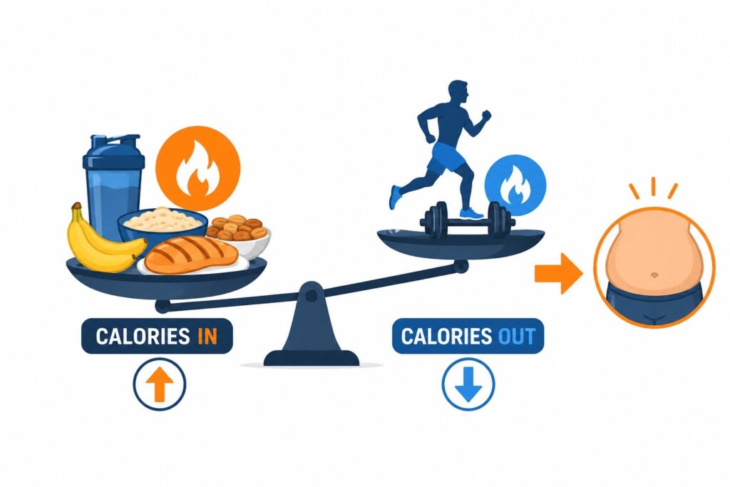 Calorie balance infographic showing how excess calories from mass gainer cause fat gain.