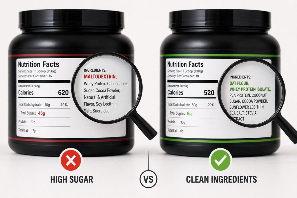 Nutrition label comparison showing high sugar mass gainer vs clean low sugar mass gainer.