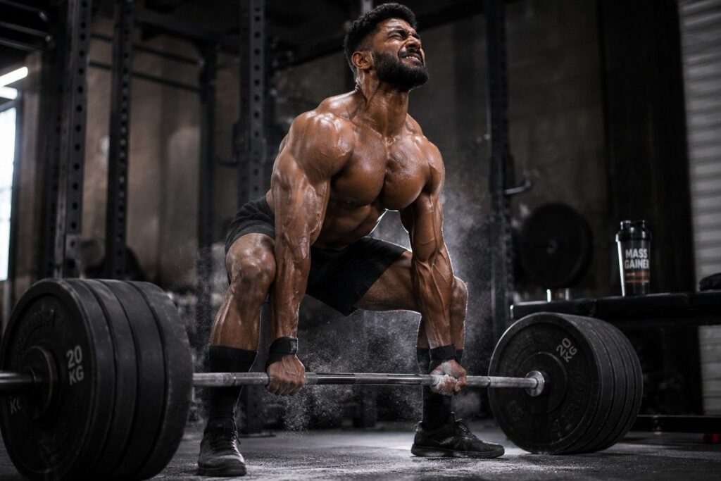 Athlete doing heavy deadlift in gym showing resistance training needed with mass gainer.