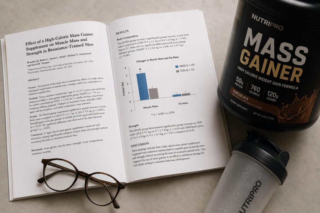 Scientific research study showing mass gainer effectiveness for muscle gain without fat gain.