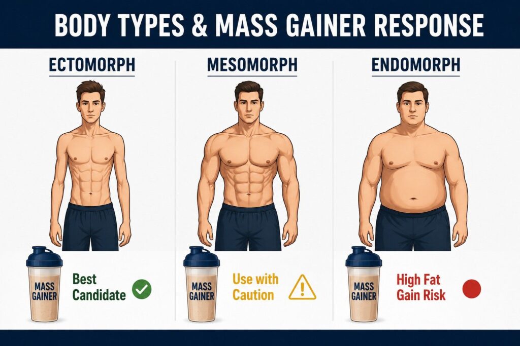 Body type chart ectomorph mesomorph endomorph showing mass gainer fat gain risk levels.