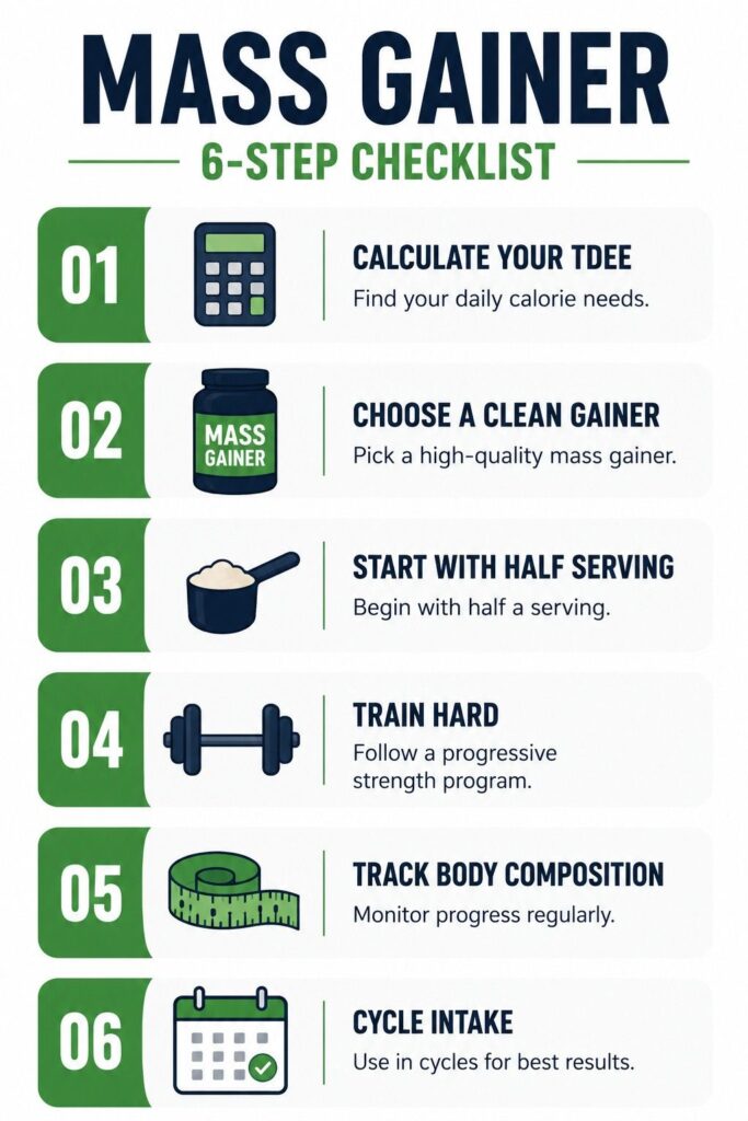 6 step protocol infographic for using mass gainer without gaining fat.