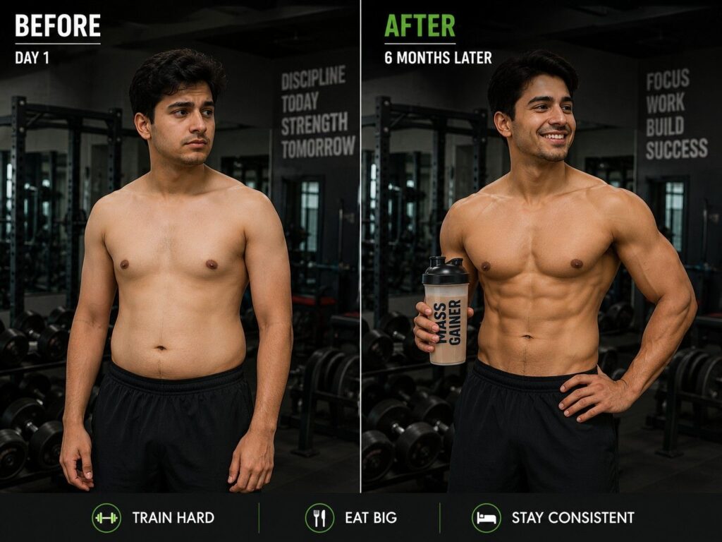 Fitness transformation showing proper mass gainer use resulting in lean muscle gain not fat.