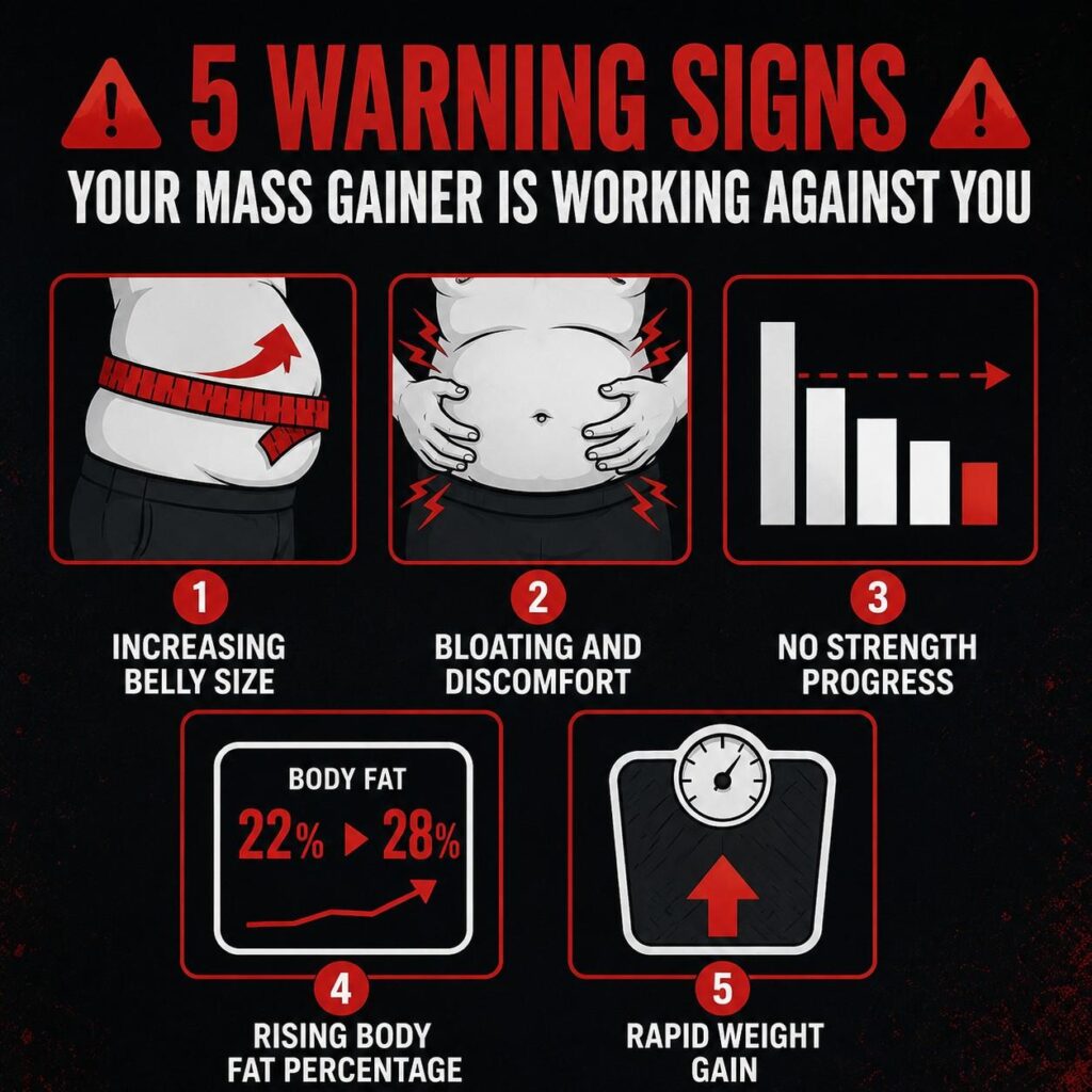 5 warning signs your mass gainer is causing fat gain not muscle growth infographic.