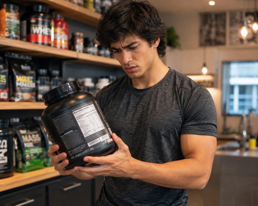 Confused man reading mass gainer supplement label wondering if it will make him fat.