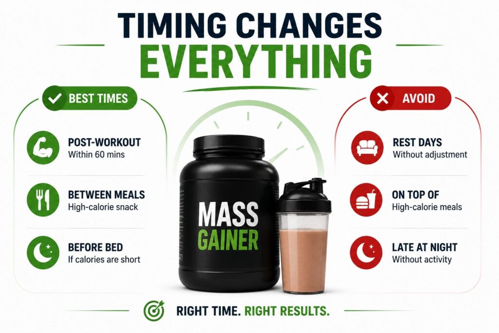 Mass gainer timing guide: best times to use and when to avoid it.