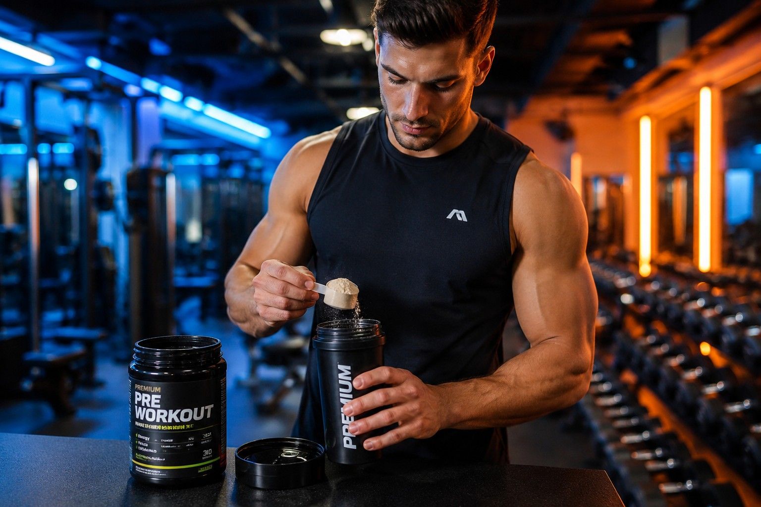 what does pre workout supplement do athlete scooping powder into shaker bottle before gym workout.