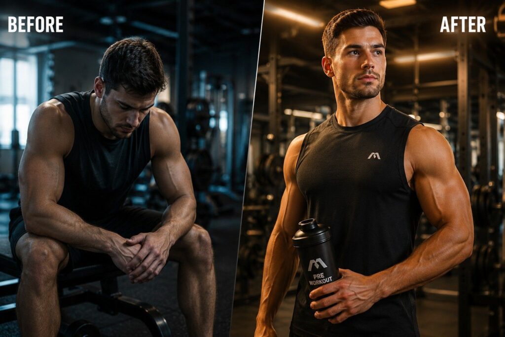 Before and after taking pre workout supplement comparison showing increased energy focus and motivation in the gym.
